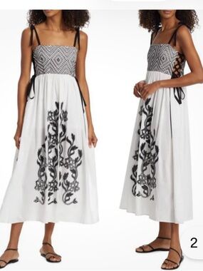 Tanya Taylor Yasmine White Embroidered Lace-up Cotton Midi Dress | 6